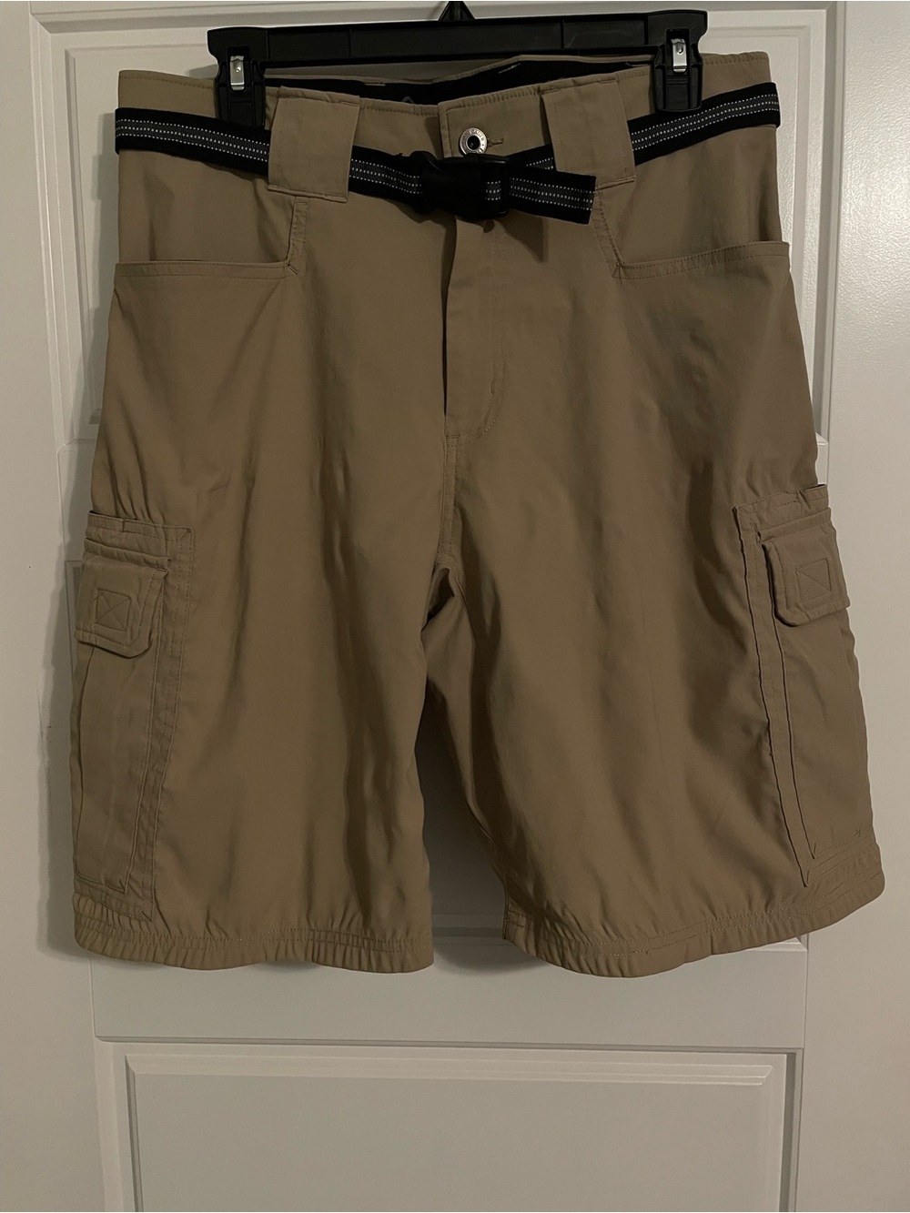 Eddie Bauer Tan Cargo Shorts with Black/Gray Web Belt w/quick clip closure.